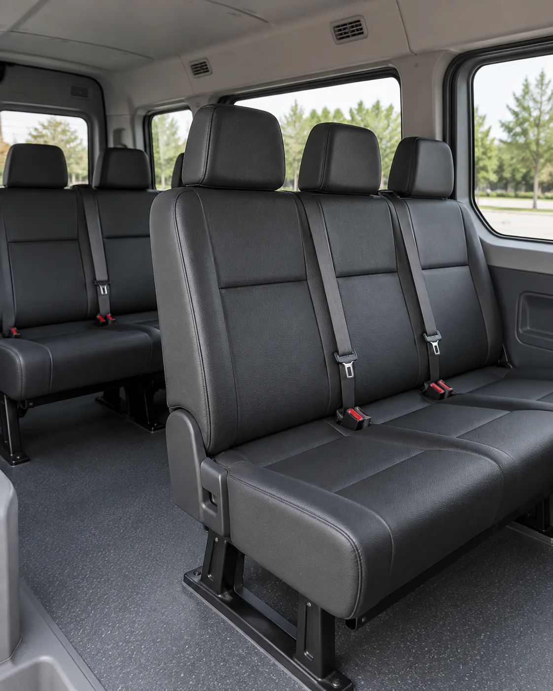 Vinyl seats inside a passenger shuttle van