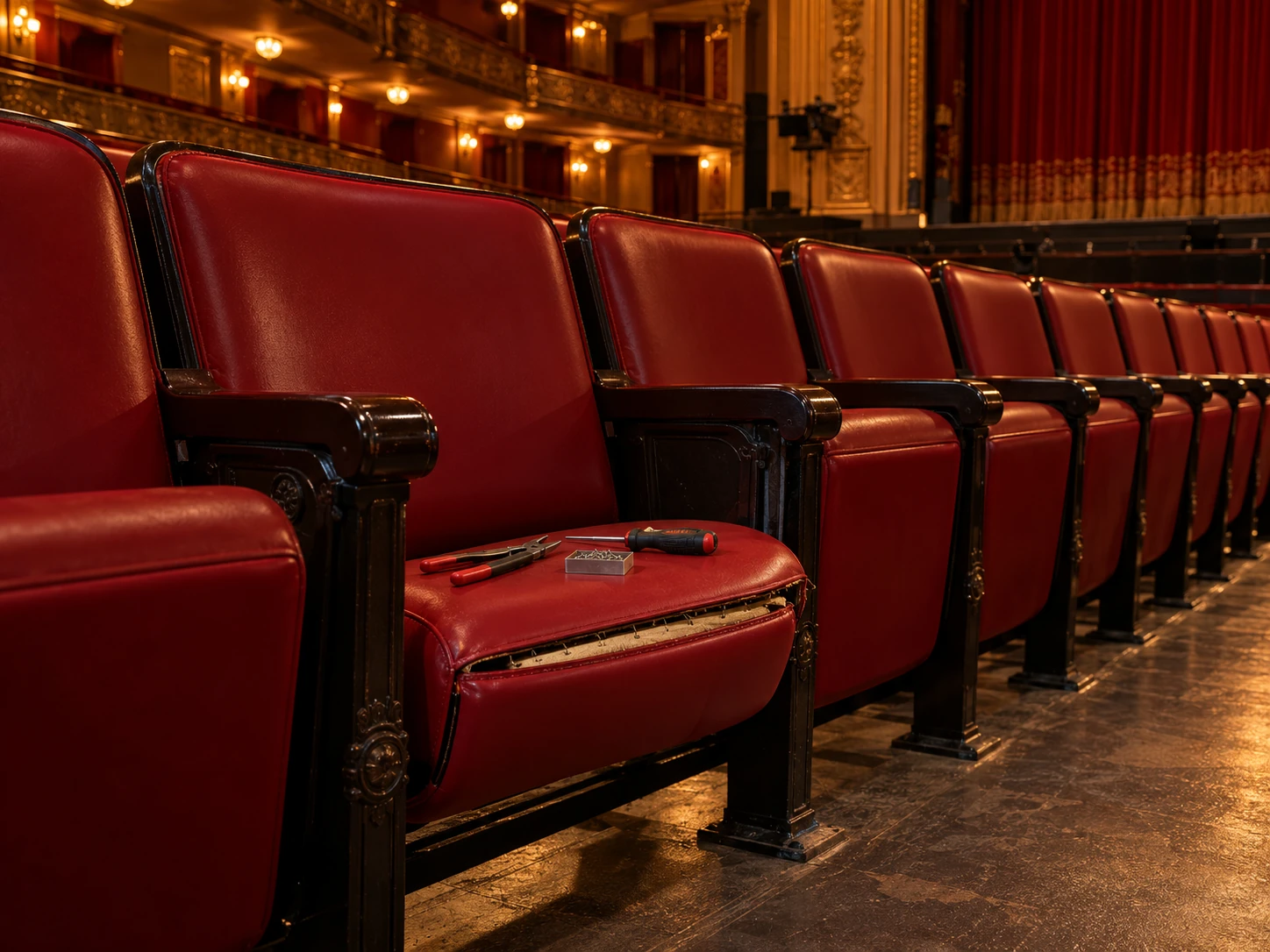 A single theater seat being repaired in its row