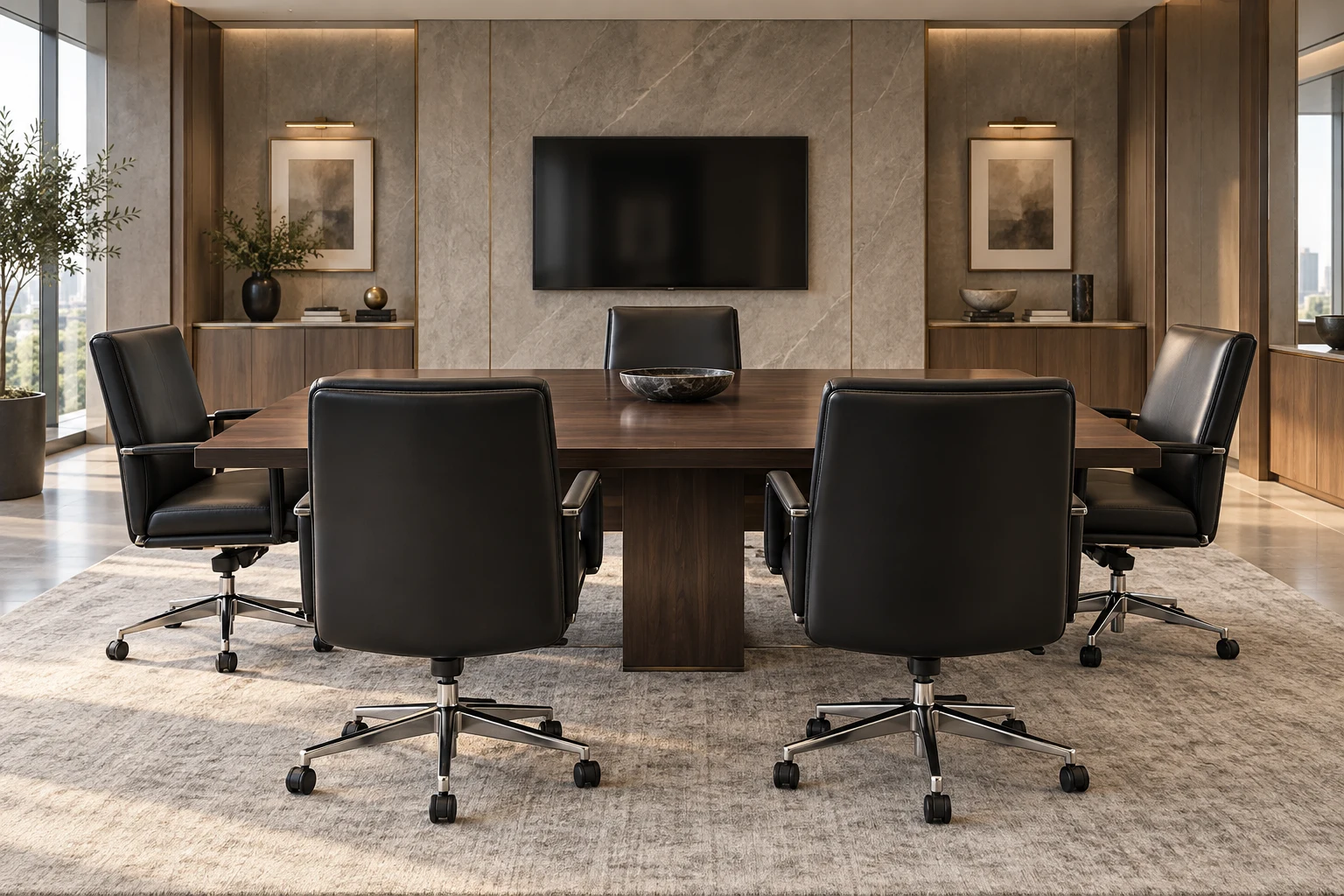 Six black leather executive chairs around a boardroom table