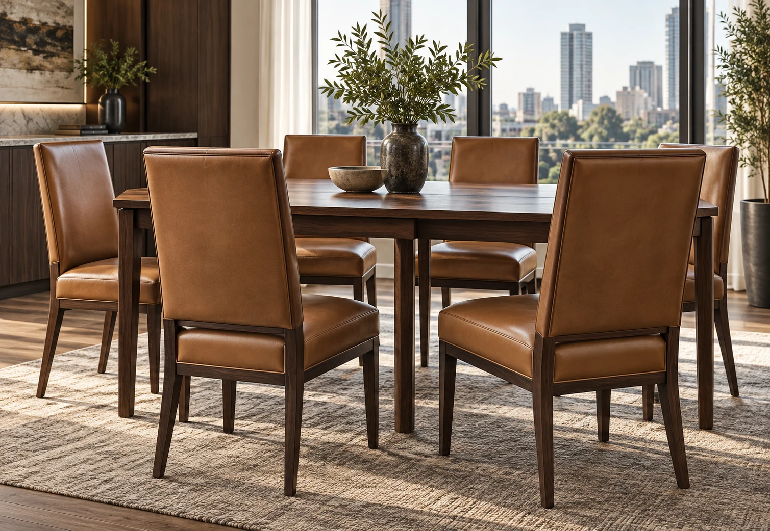 Six cognac leather dining chairs around a walnut table with a city view