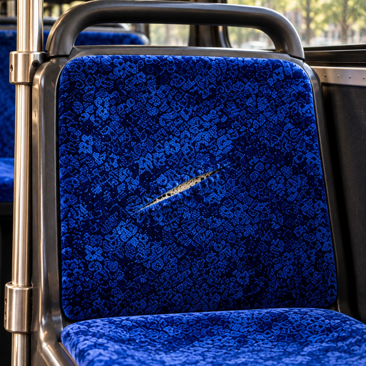 A knife slash across a bus seat cover