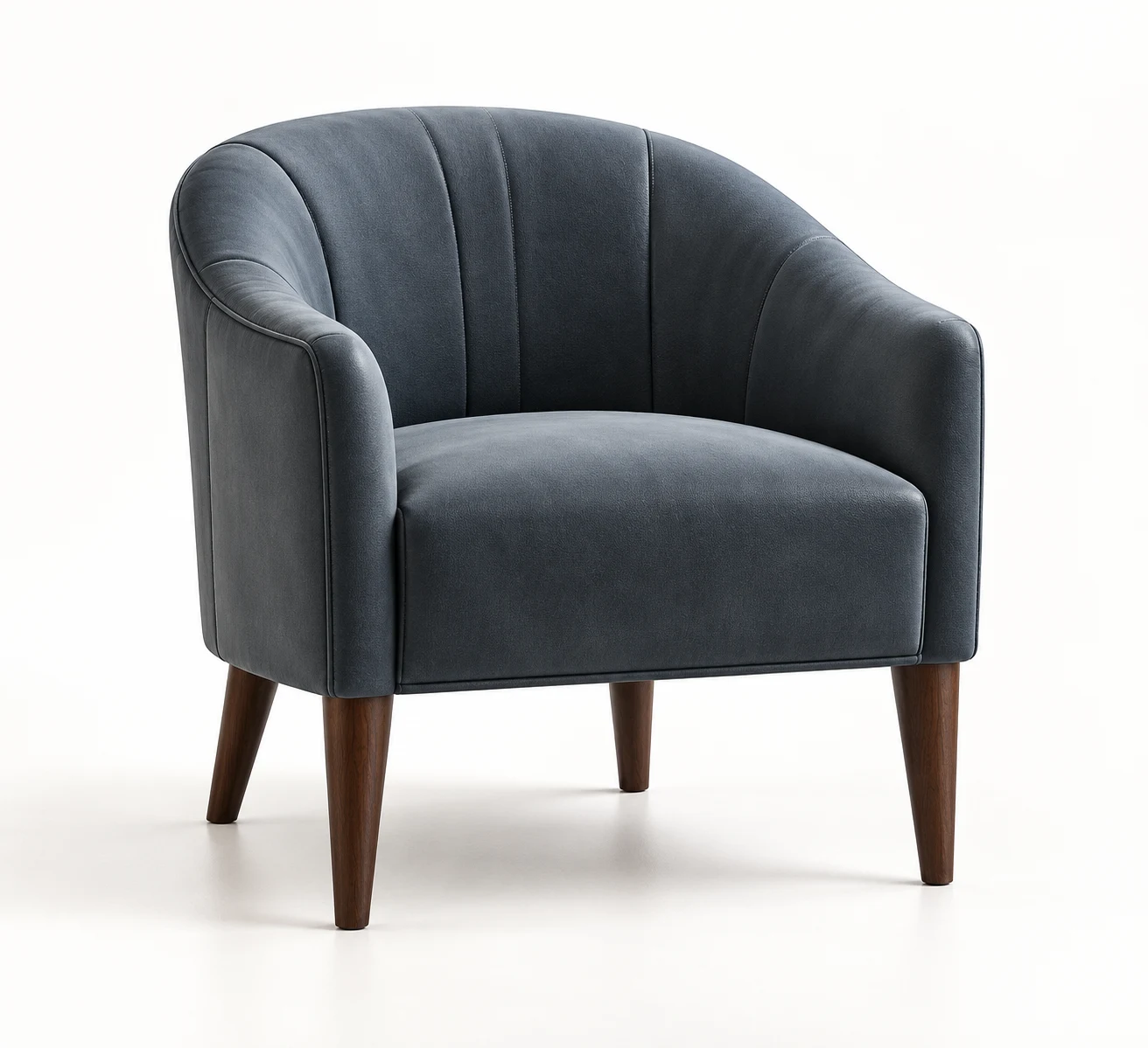 Slate blue channel-back armchair with a curved barrel back and tapered legs