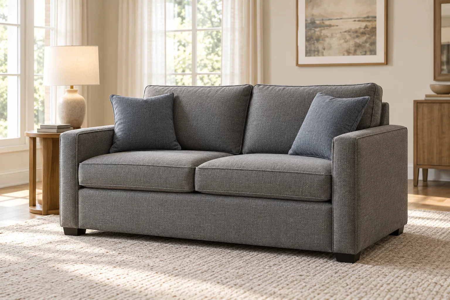 A grey two-seat sleeper loveseat closed, between two windows