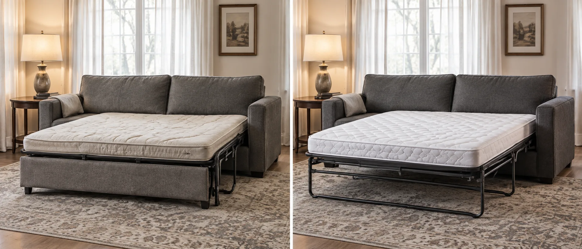 The same sofa bed side by side, a sagging old mattress on the left and a new firm mattress on the right