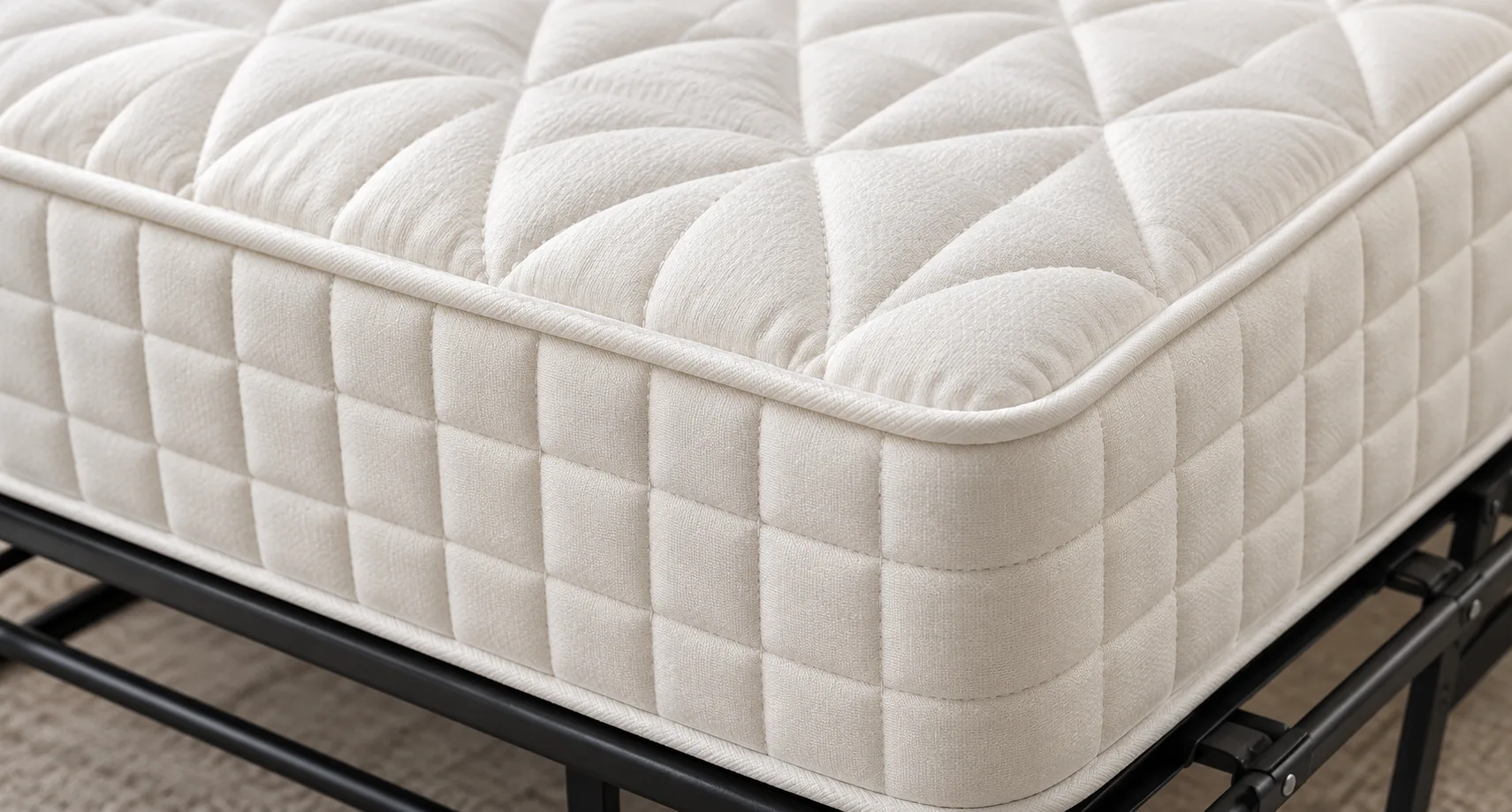 The quilted corner of a sofa bed mattress resting on its black steel frame
