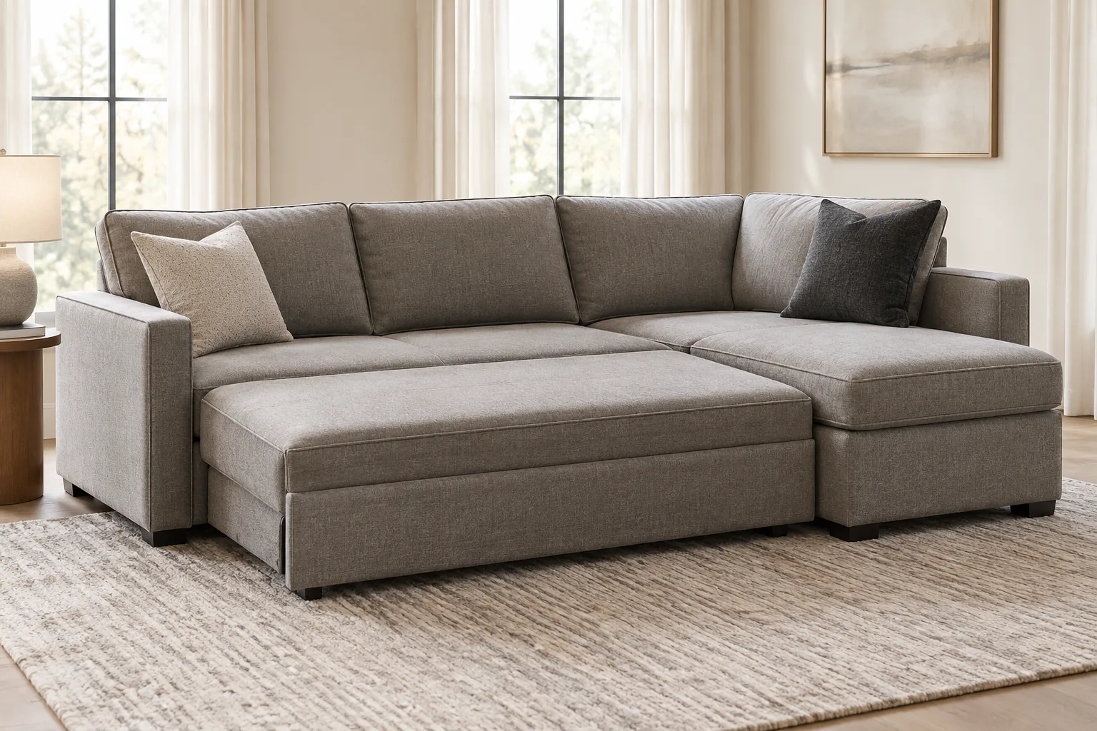 A sleeper sectional with a chaise, the pull-out section part way open