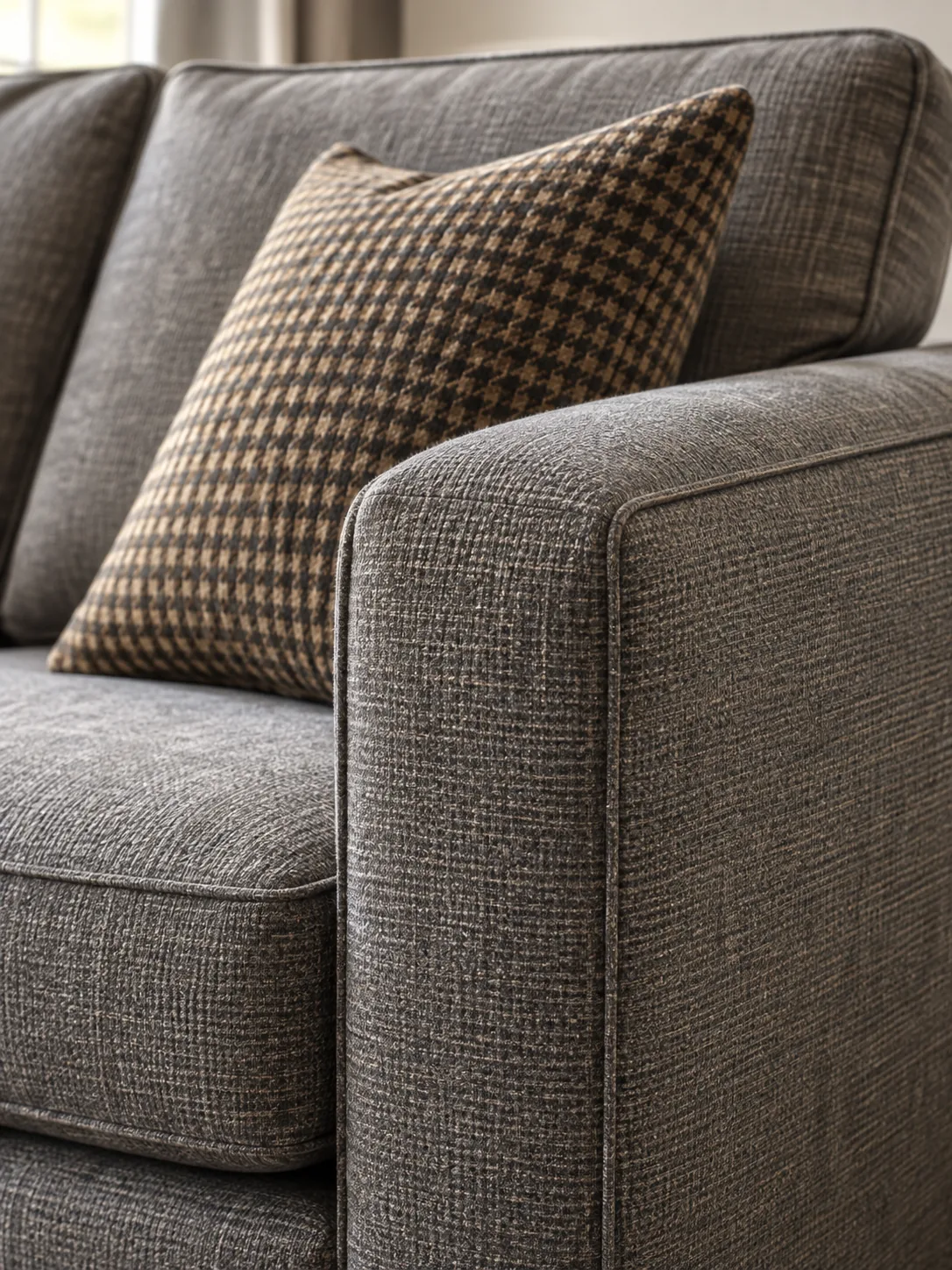 The arm and seat cushion of an upholstered sleeper with a houndstooth pillow behind