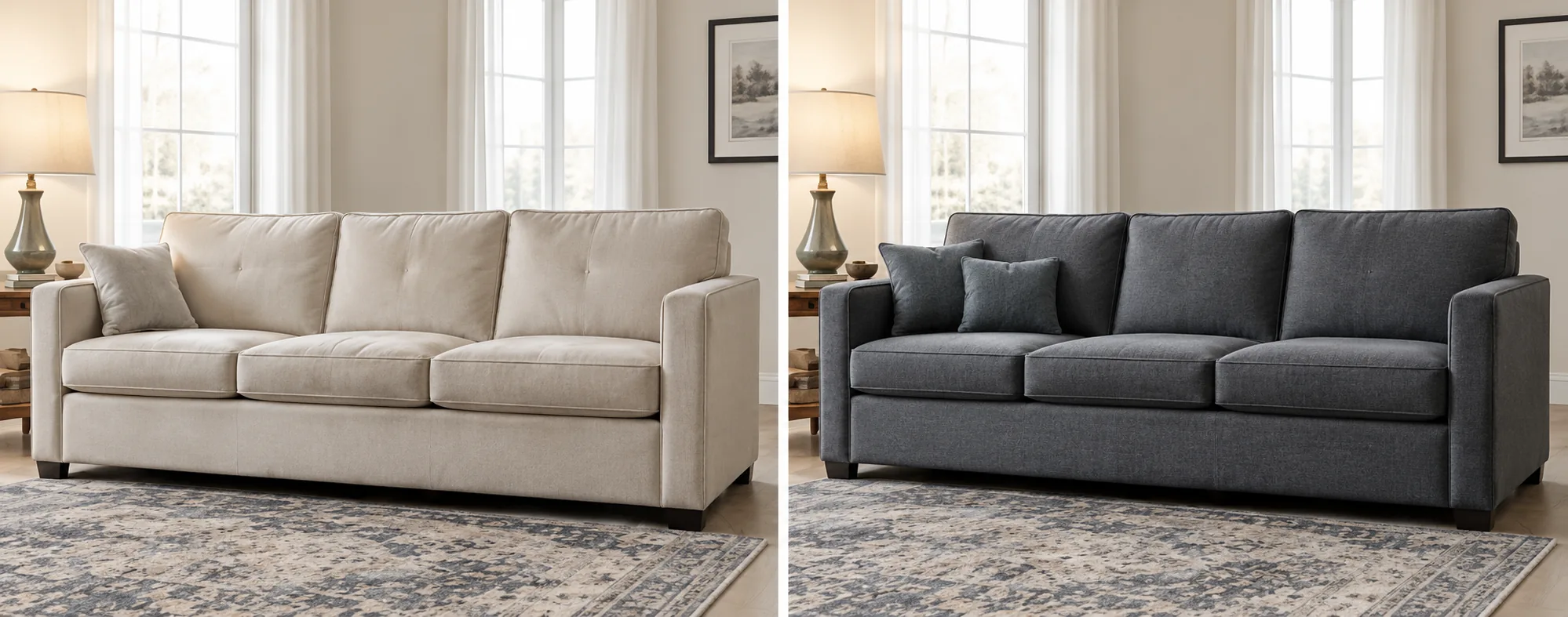 The same sofa shape shown twice, in a cream cover on the left and a charcoal cover on the right