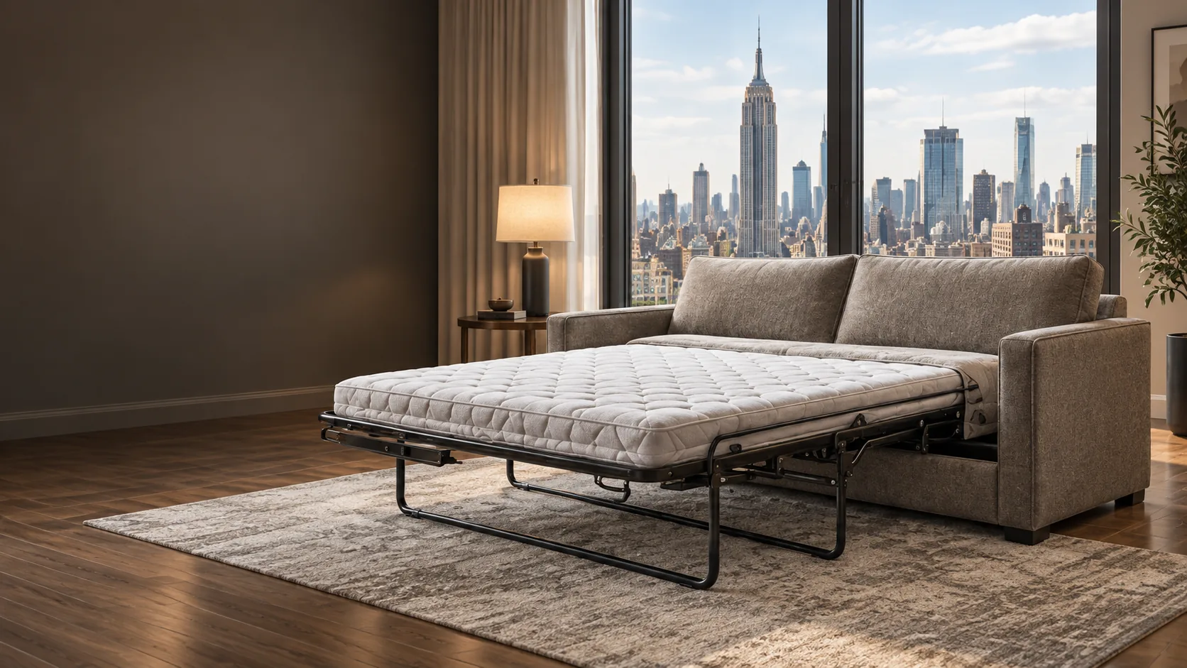 Sleeper sofa opened in an apartment