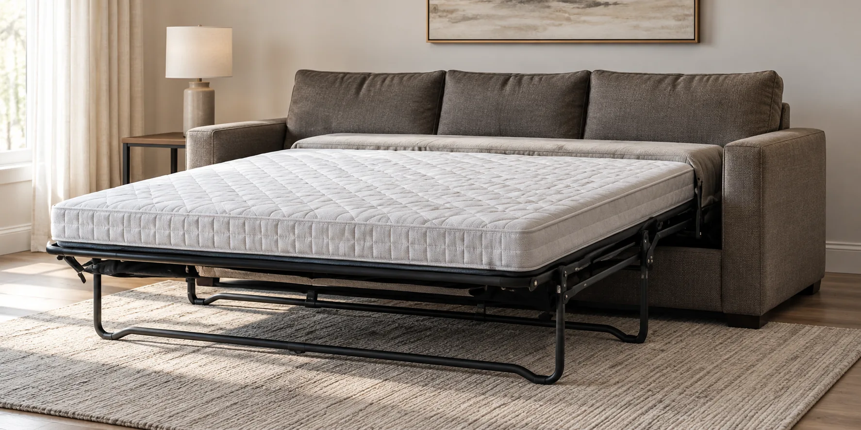 A sofa bed open from the side, the mattress carried on its black steel frame