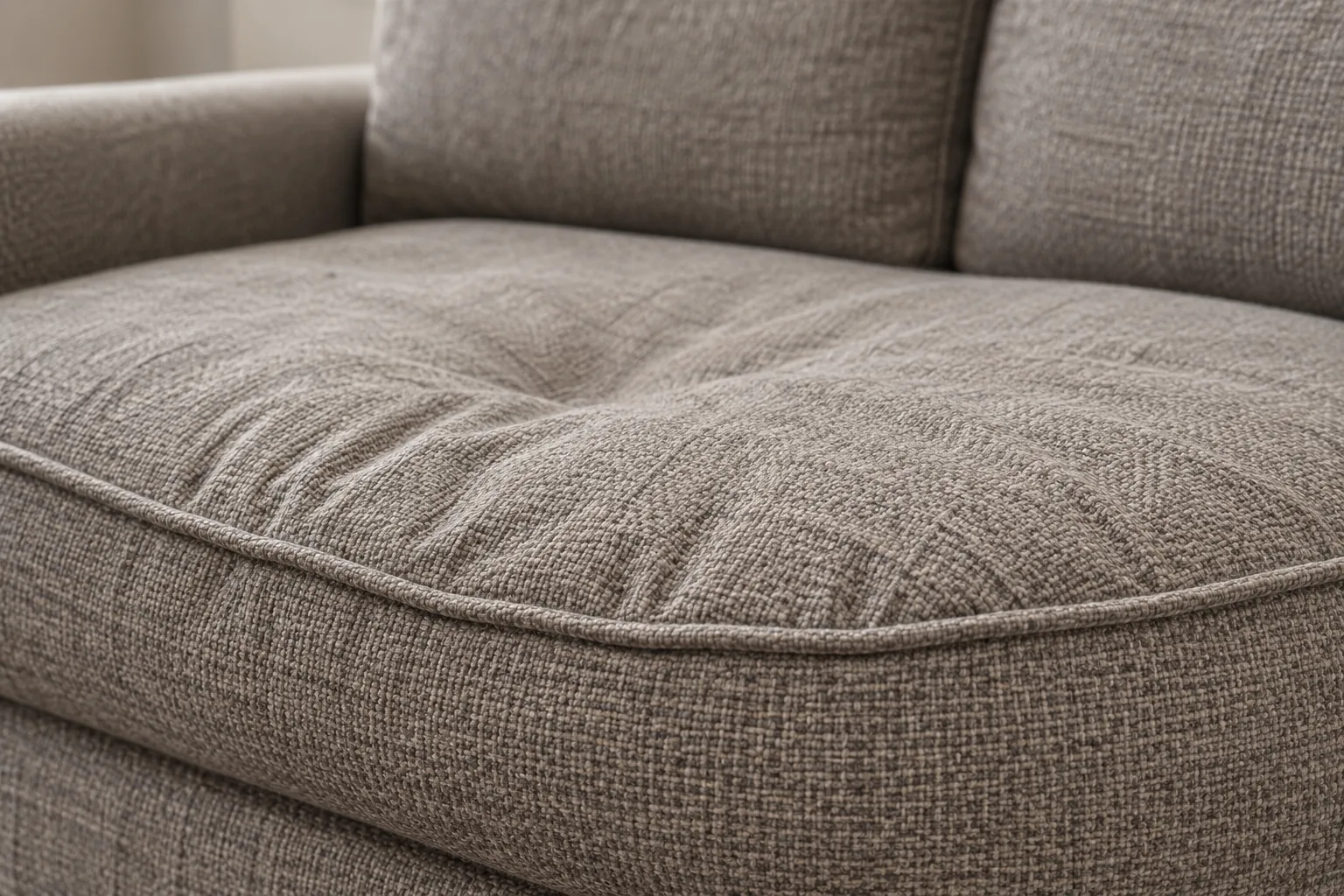 A collapsed and wrinkled grey sofa seat cushion