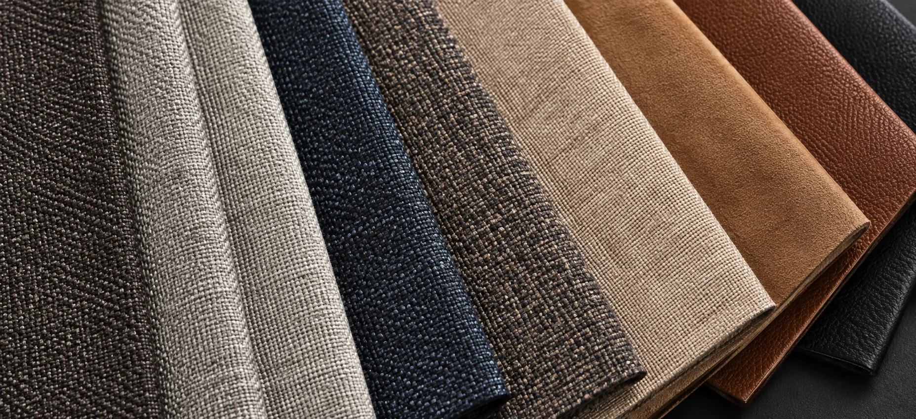 A fan of upholstery swatches in fabrics, suede and leathers