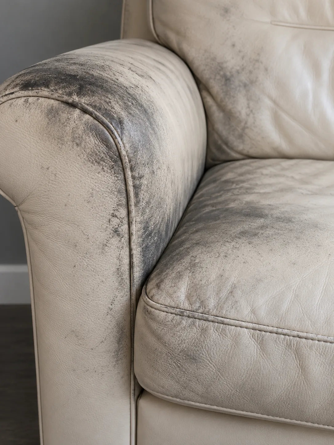 Soot and grime on a pale leather armchair