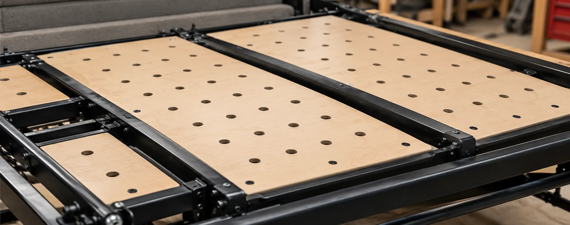 Perforated plywood deck panels mounted on a black steel sofa bed folding frame