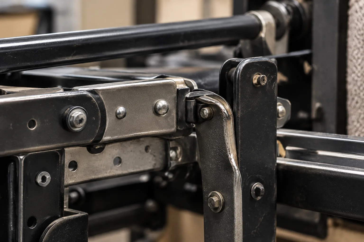 The hinges and pivots of a sofa bed linkage seen close up