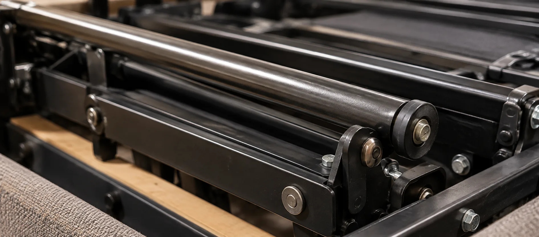 Close view of the steel bars and rollers of a sofa bed mechanism