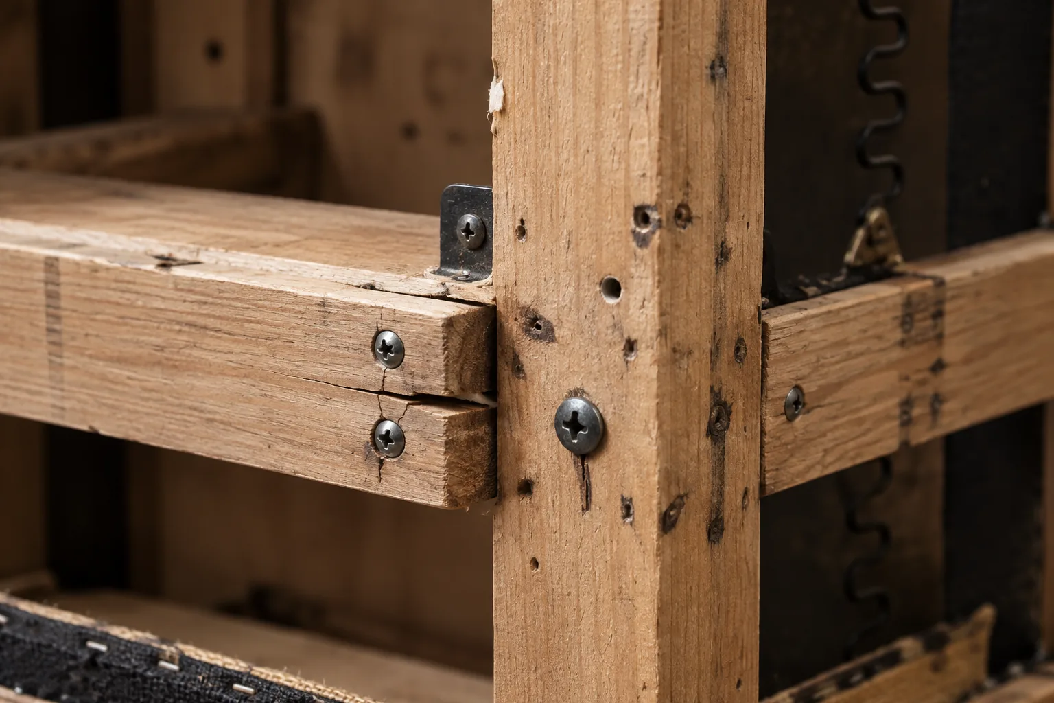 A split hardwood sofa frame rail beside black sinuous springs