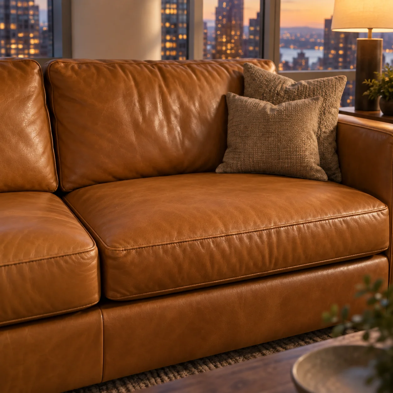 Same cognac sofa with full new cushion cores after