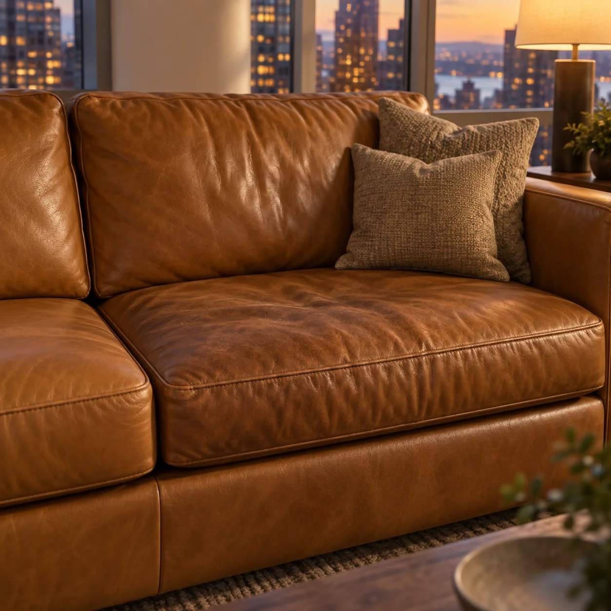 Cognac sofa with sagging seat cushions before