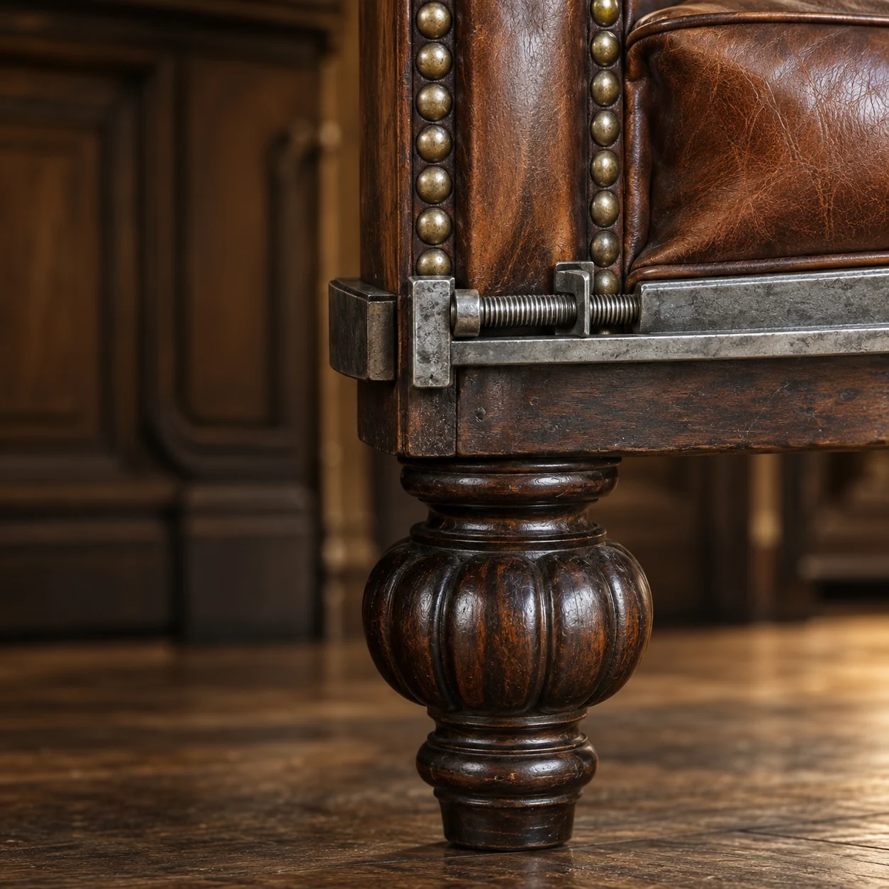 Turned wooden sofa leg and its bracket