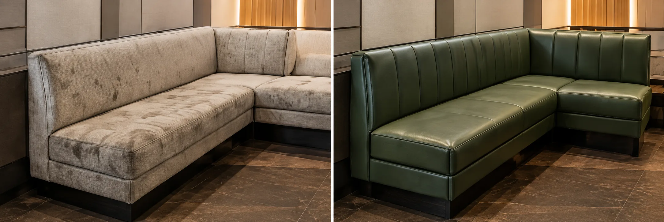 Before and after of a soiled beige corner banquette recovered in green leather