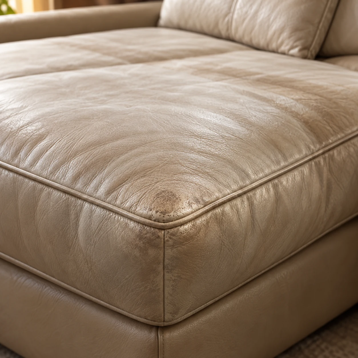 Soiled taupe leather chaise cushion