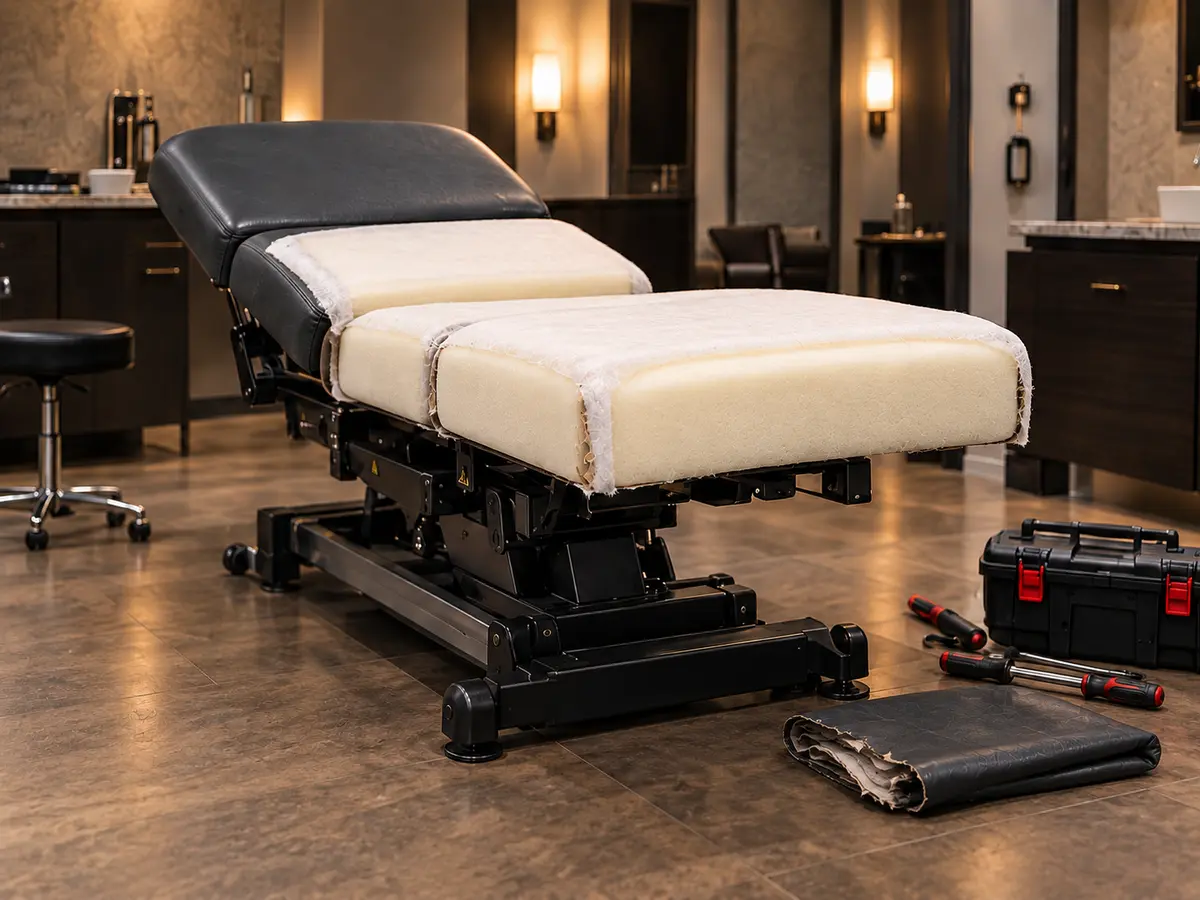 The same spa table with its old cover removed and the foam showing