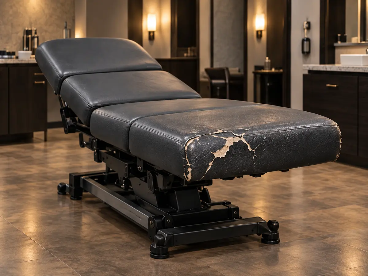 A charcoal spa treatment table with a cracked, peeling seat pad