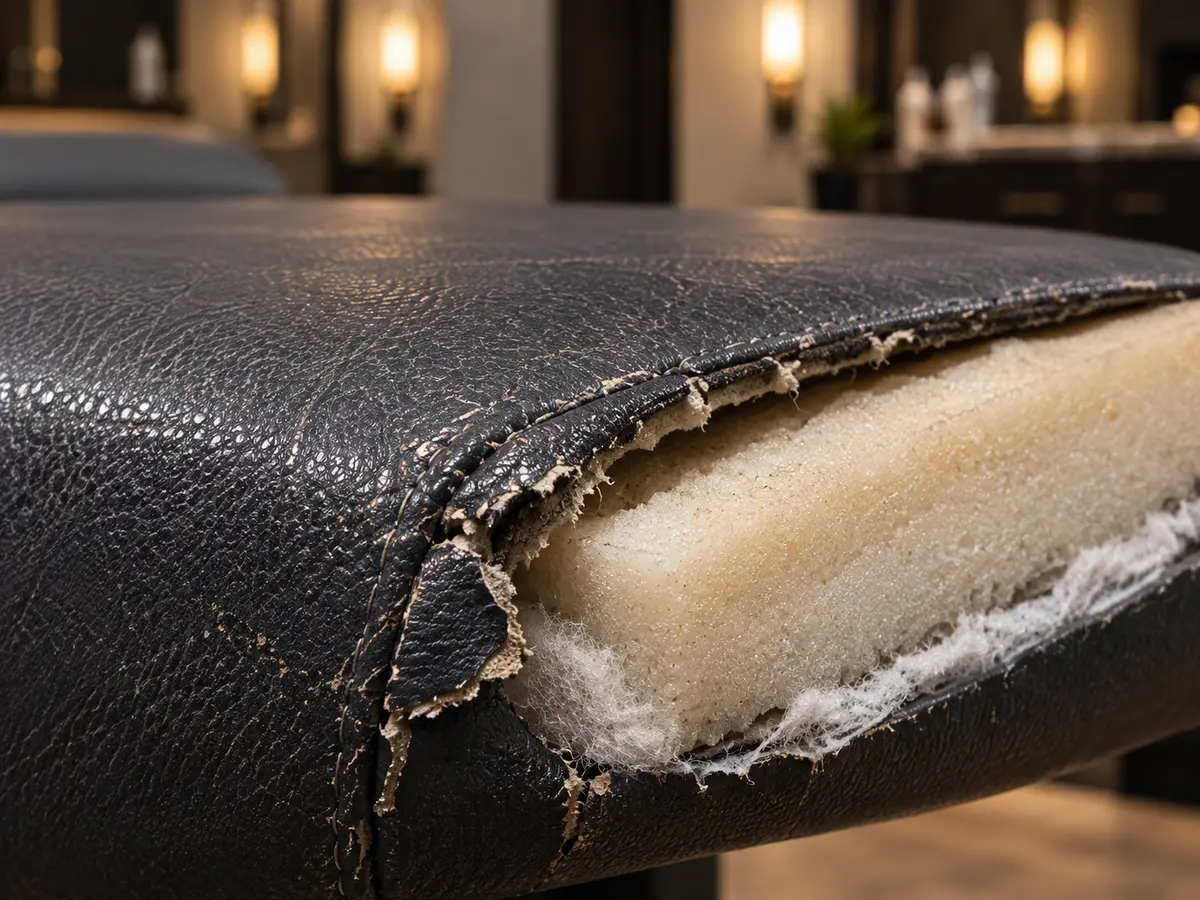 Torn black vinyl on a spa table with the foam exposed
