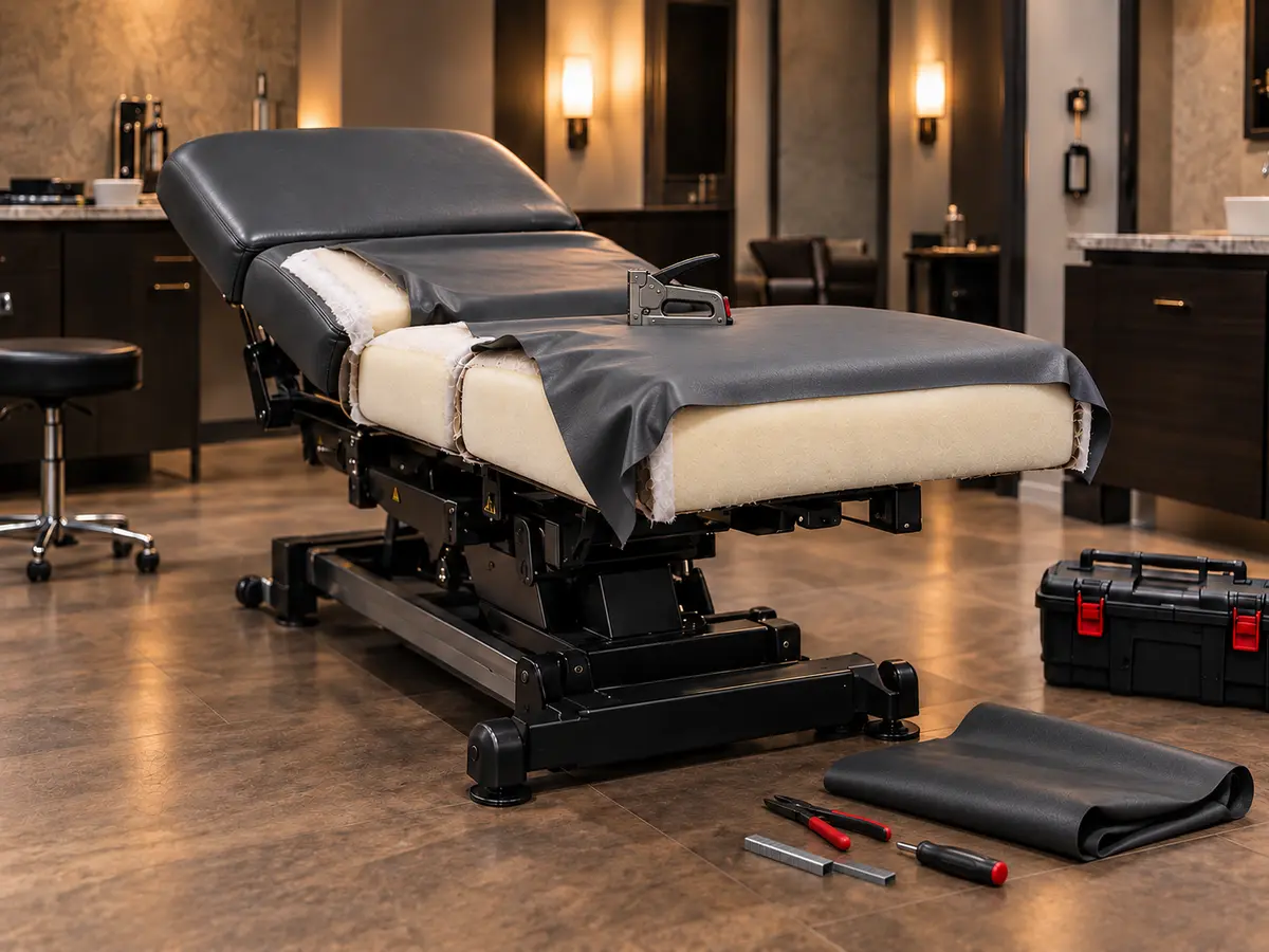 New charcoal vinyl being fitted and stapled onto the spa table pads