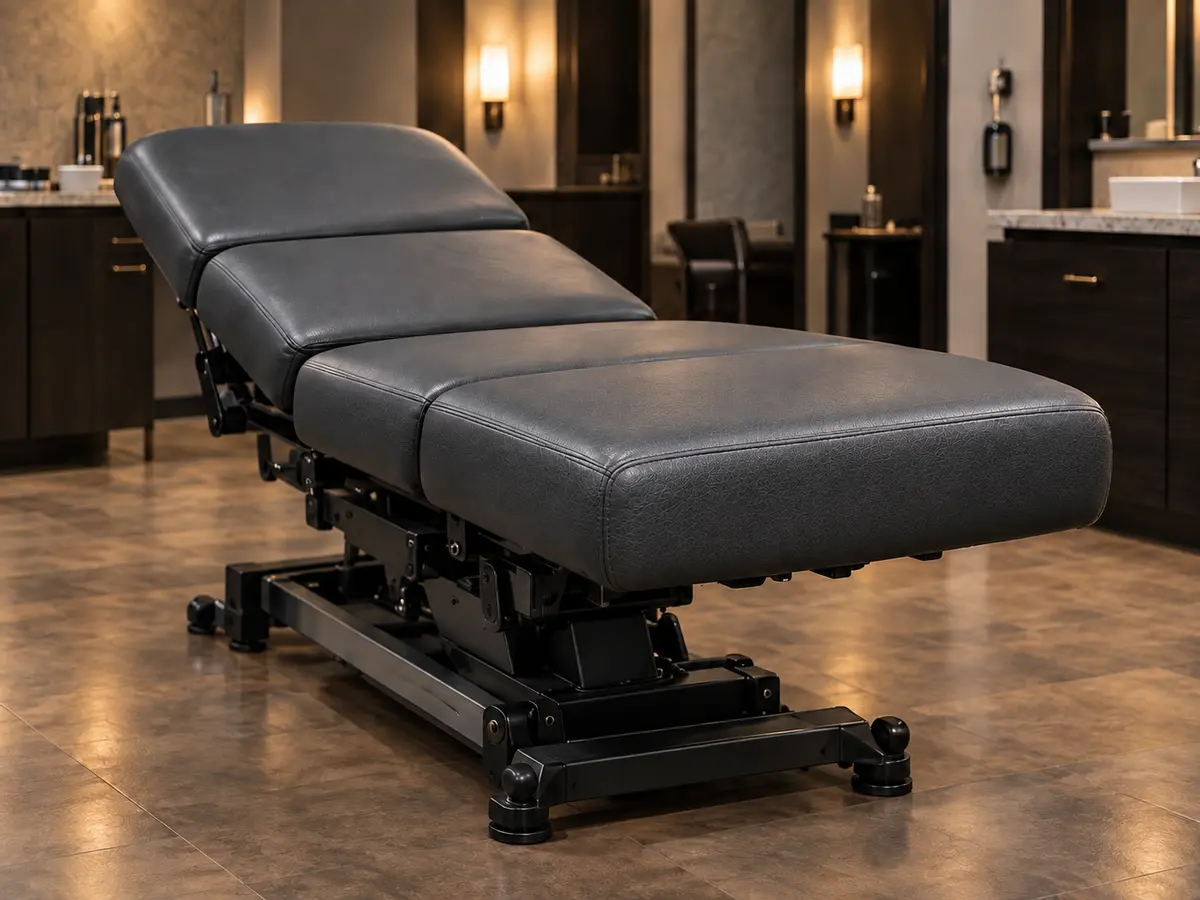 The same spa treatment table with every pad reupholstered in charcoal