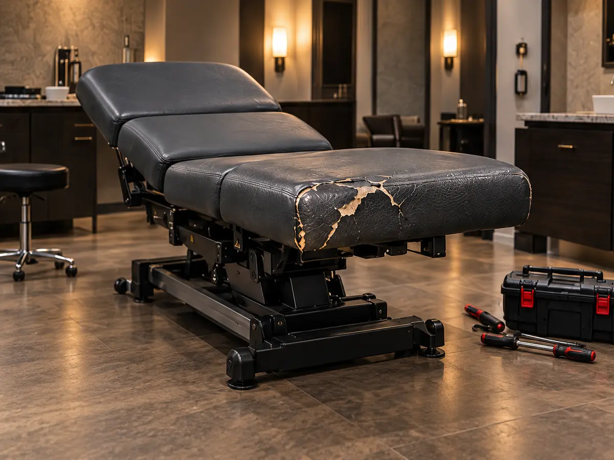 A charcoal spa treatment table with a cracked seat pad, tools on the floor beside it