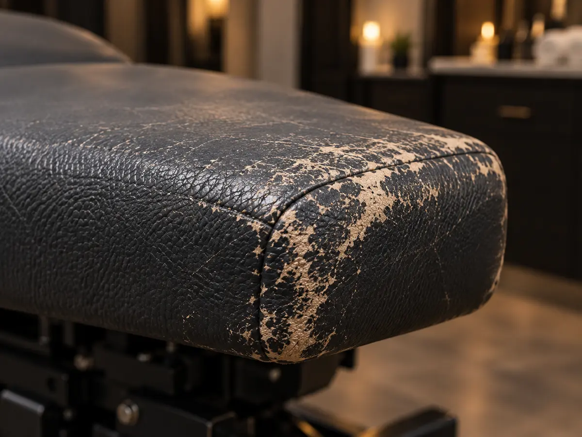 A worn, scuffed edge on a black spa table pad