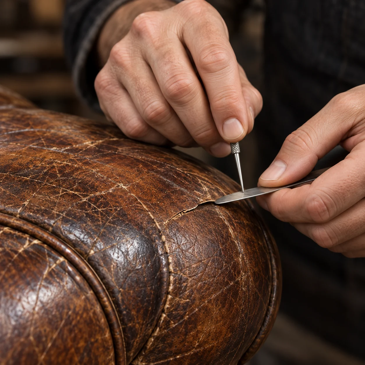 Thin spatula levelling a repair along a cracked seam on a leather arm