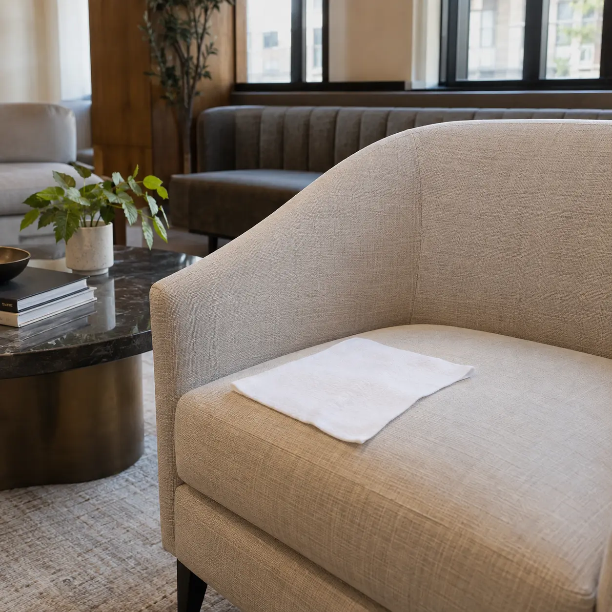 A white cloth pressed flat on a spill on a fabric club chair