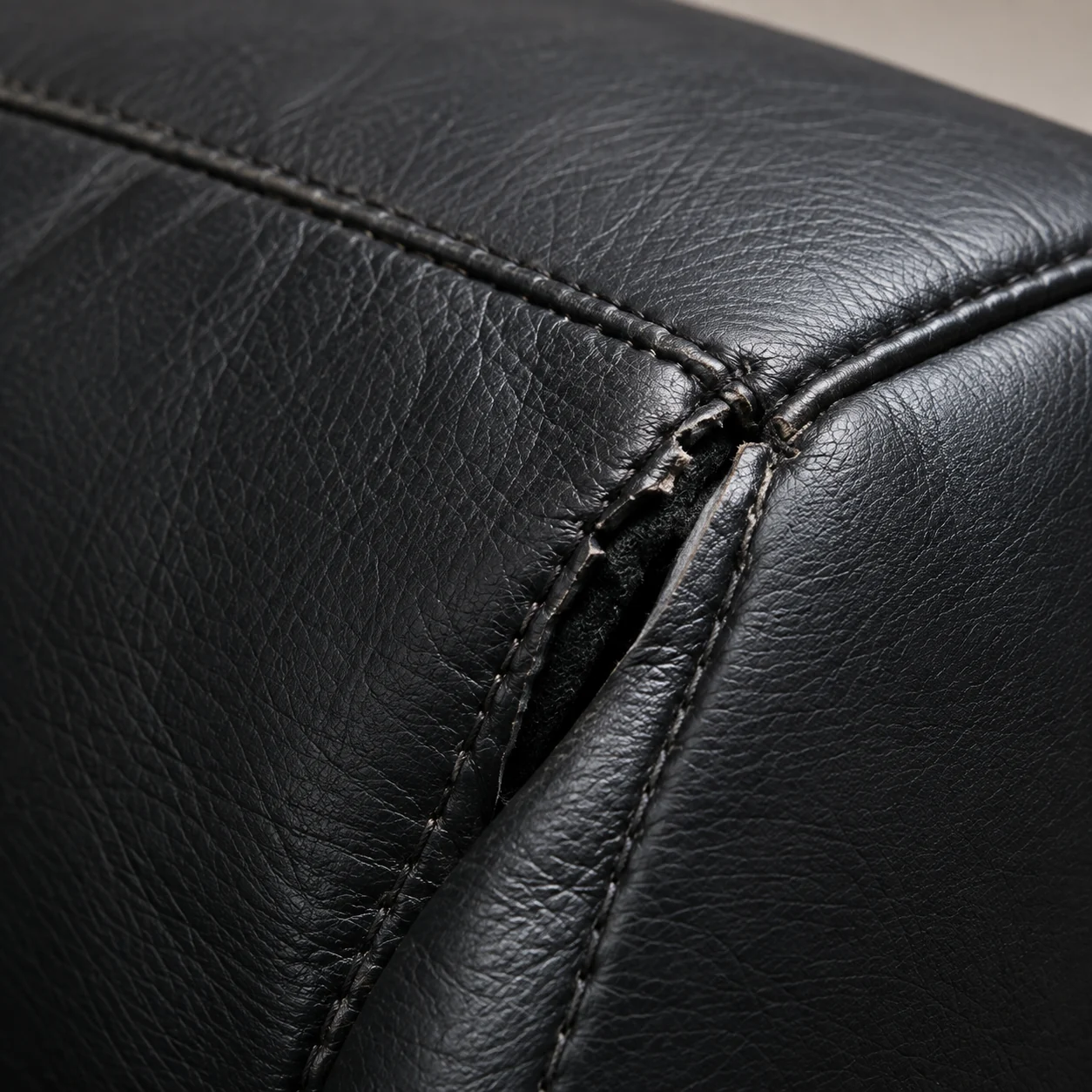 Split corner seam on black leather