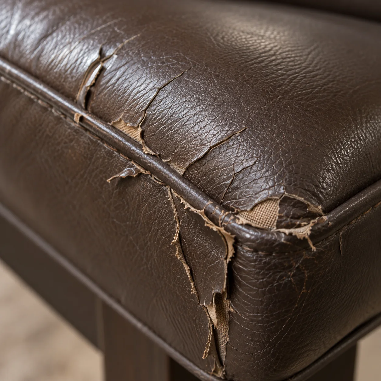 Split faux leather at a seat corner showing the backing cloth