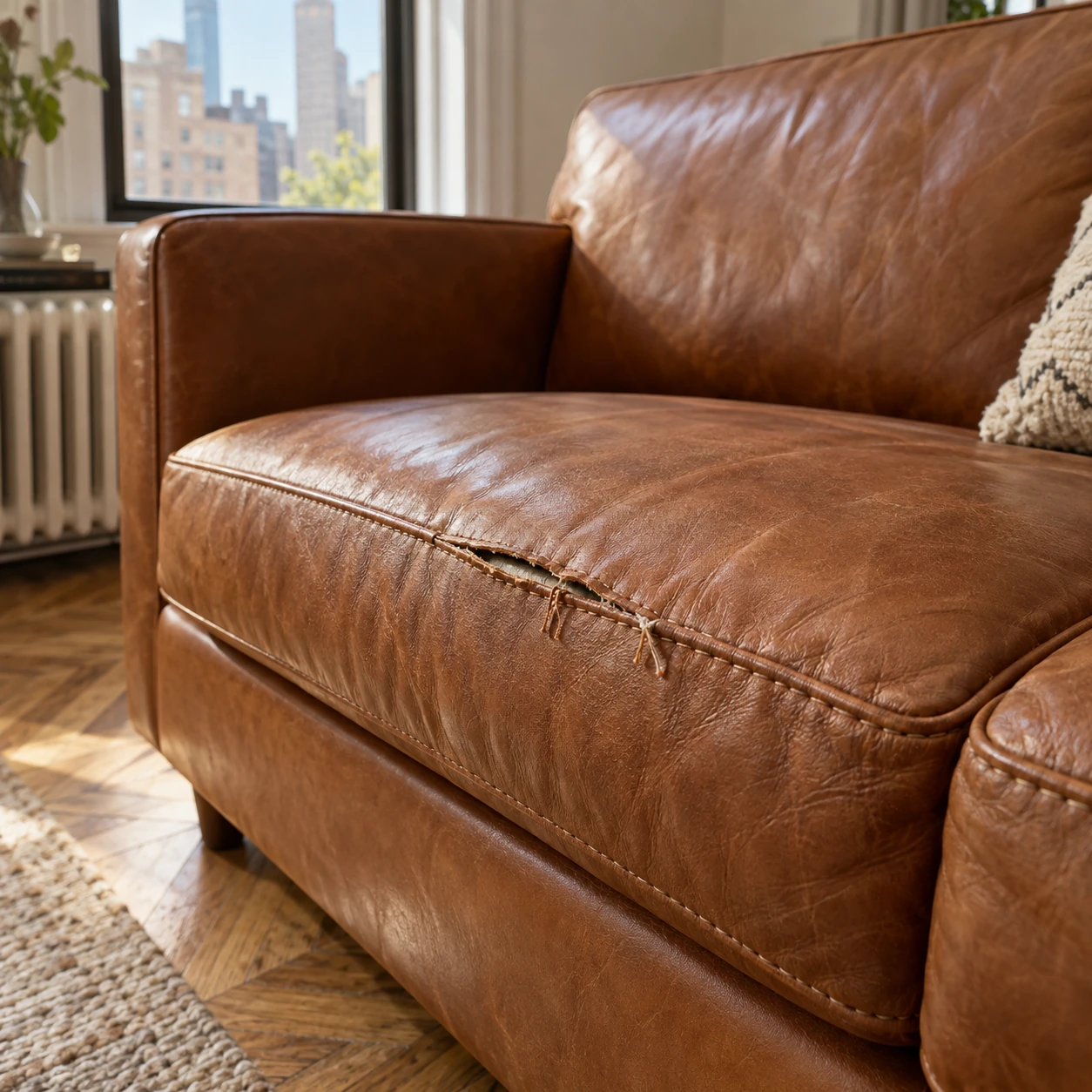Split seam on a leather sofa cushion