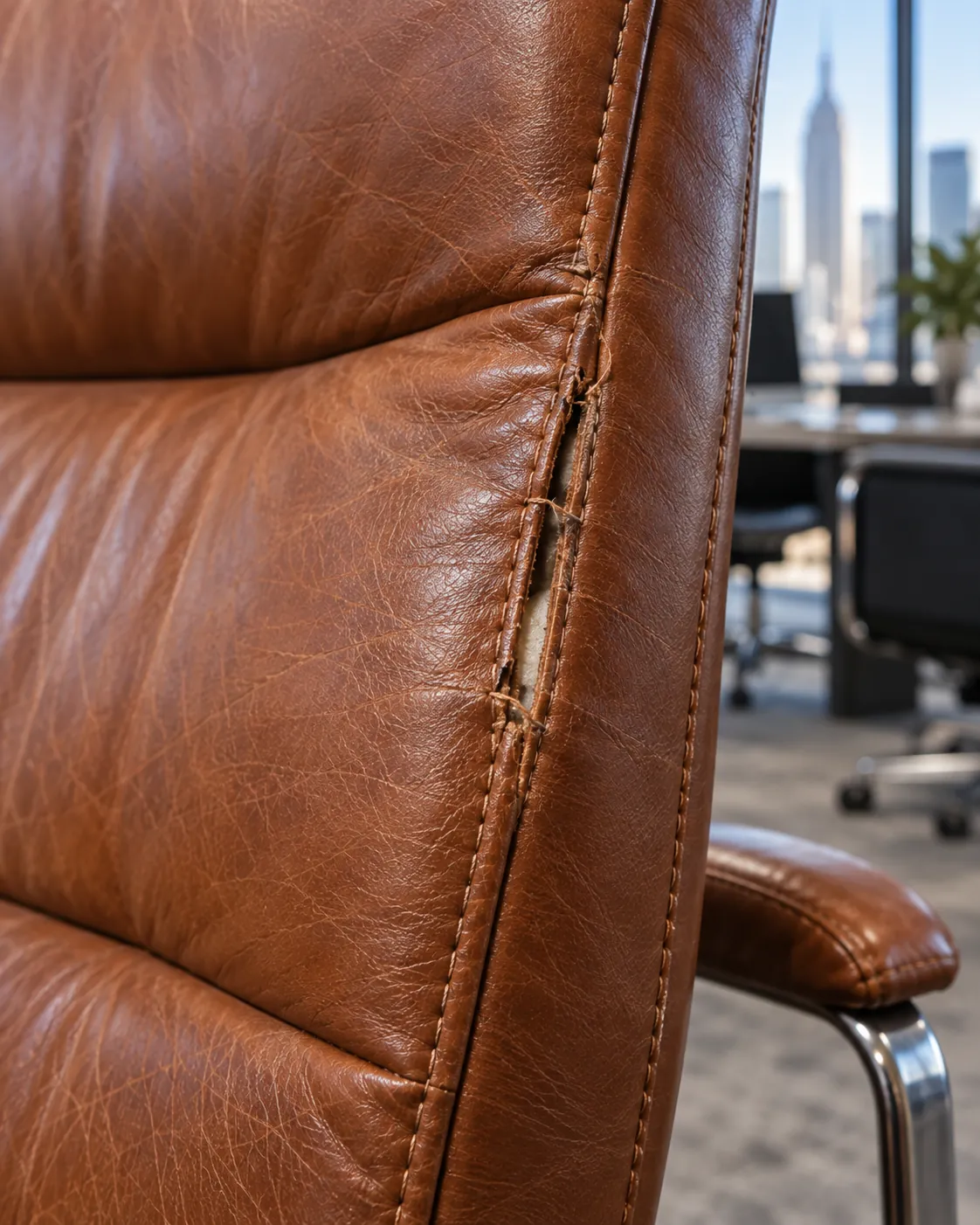 Split seam on a cognac chair back