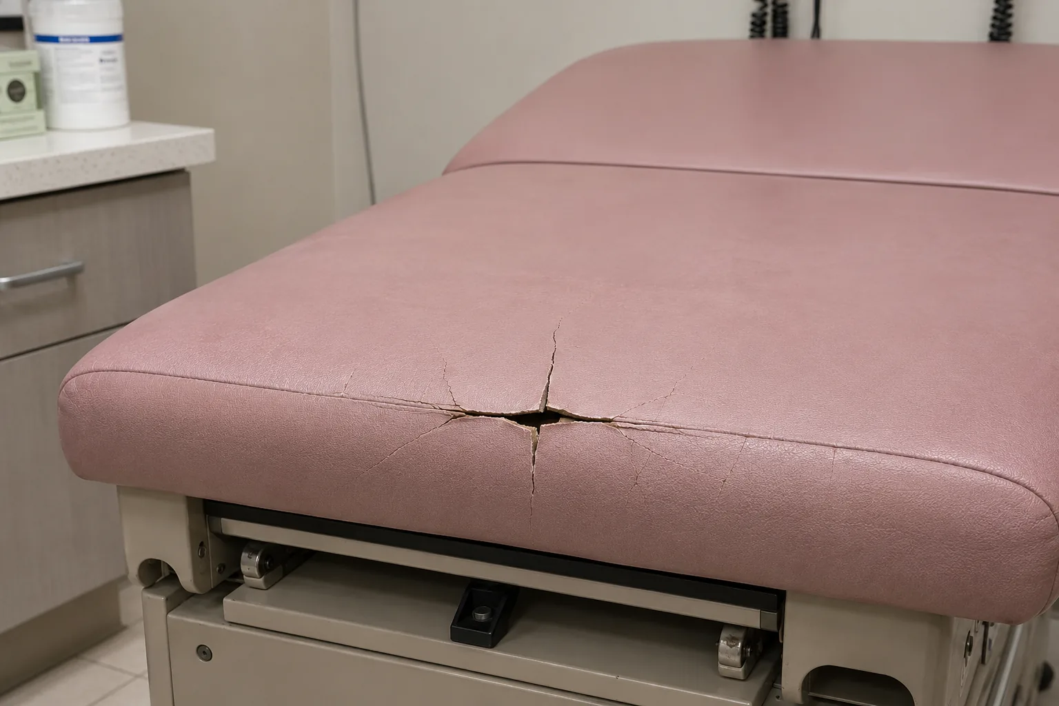 A split in the pink vinyl of an exam table seat