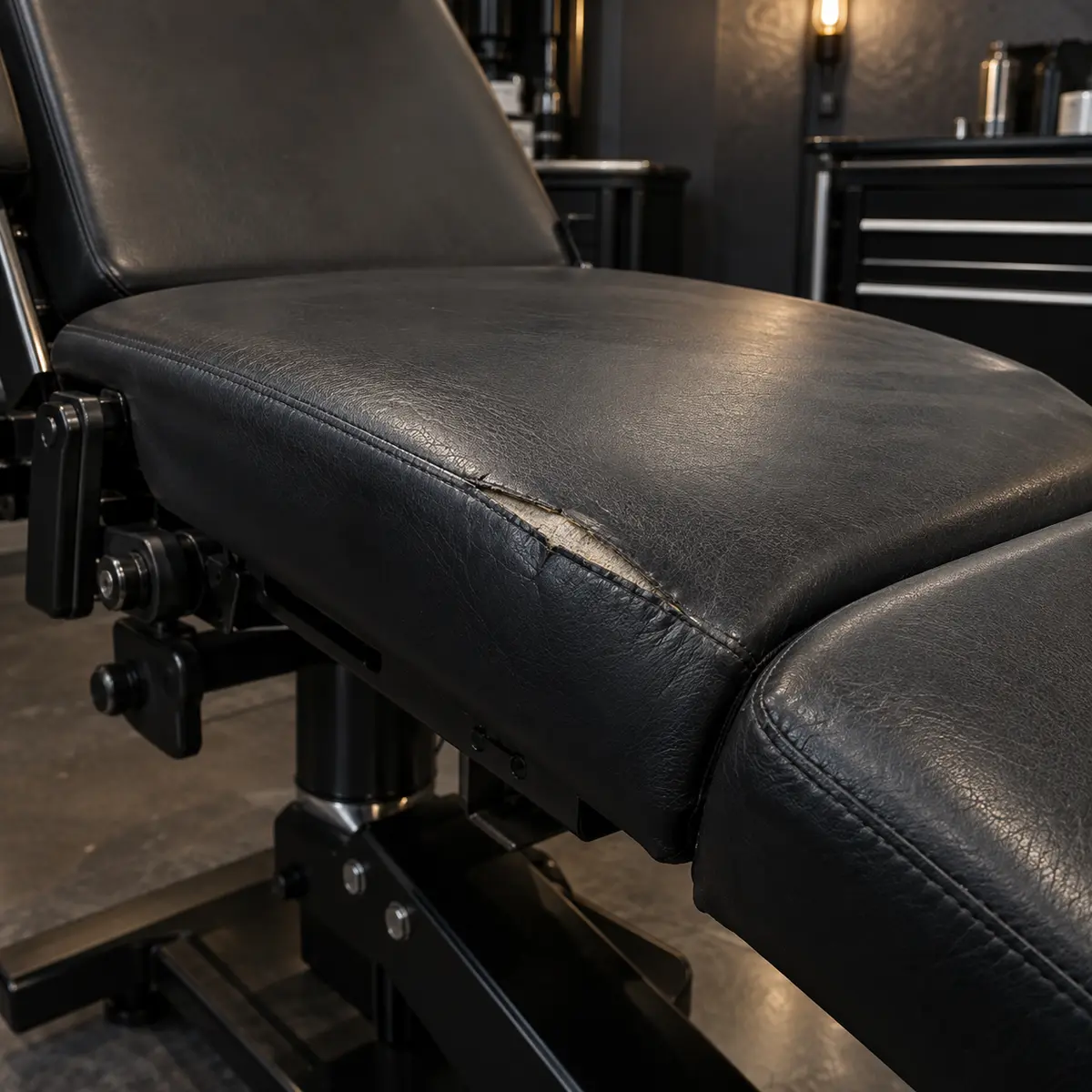 A split in the black vinyl seat of a tattoo chair