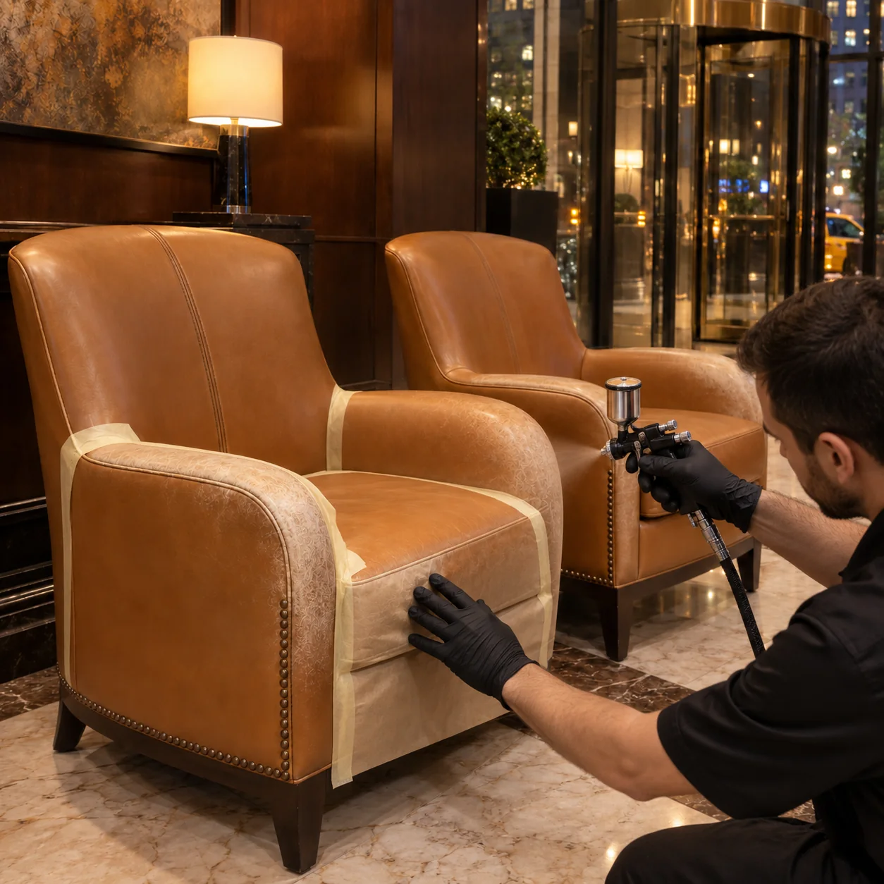 Spraying color on a leather chair arm