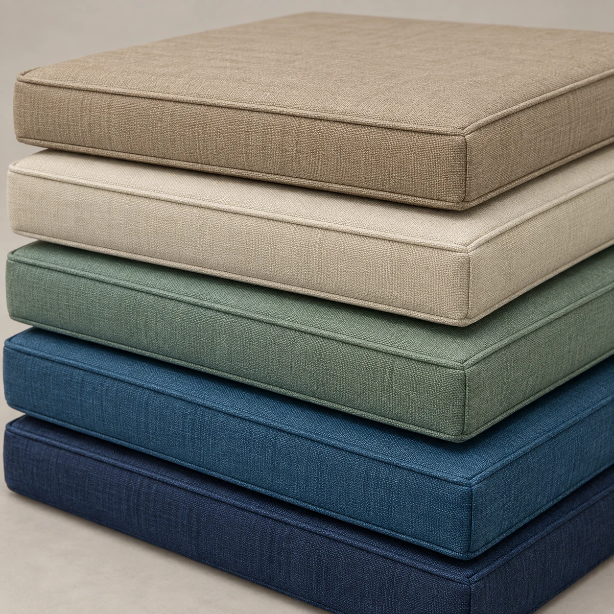 Five finished outdoor seat pads stacked in beige, cream, sage, teal and navy
