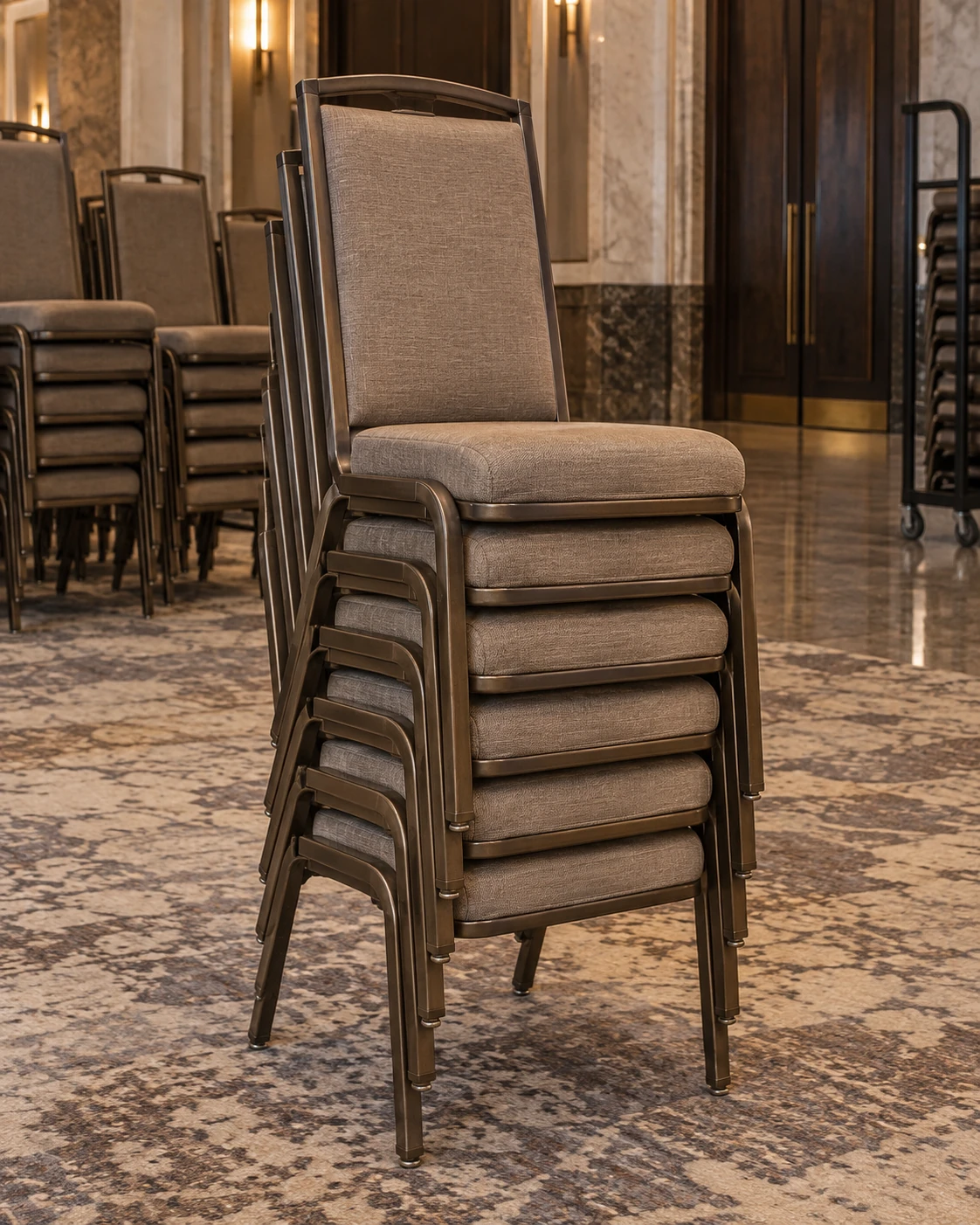 Stacked ballroom chairs in a storage room