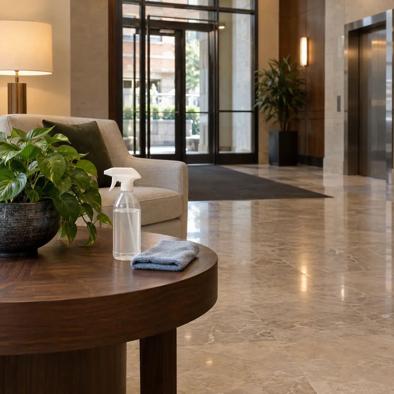 A microfiber cloth and pH-neutral cleaner on a lobby side table