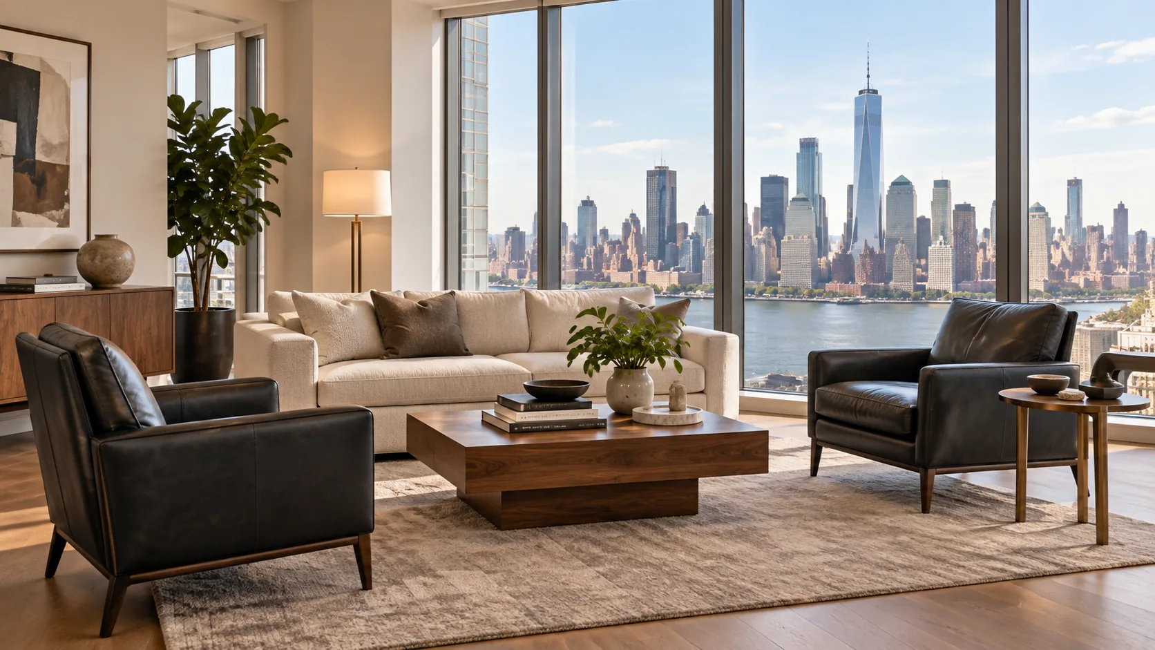 A staged living room with black leather chairs and a harbor view