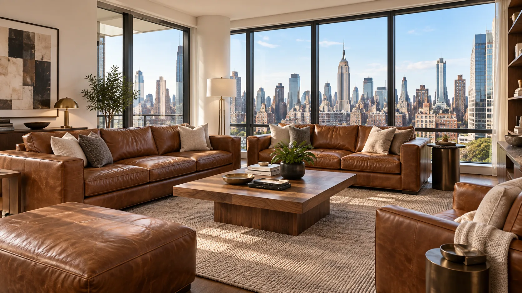 A staged Manhattan living room with two cognac leather sofas and a skyline view