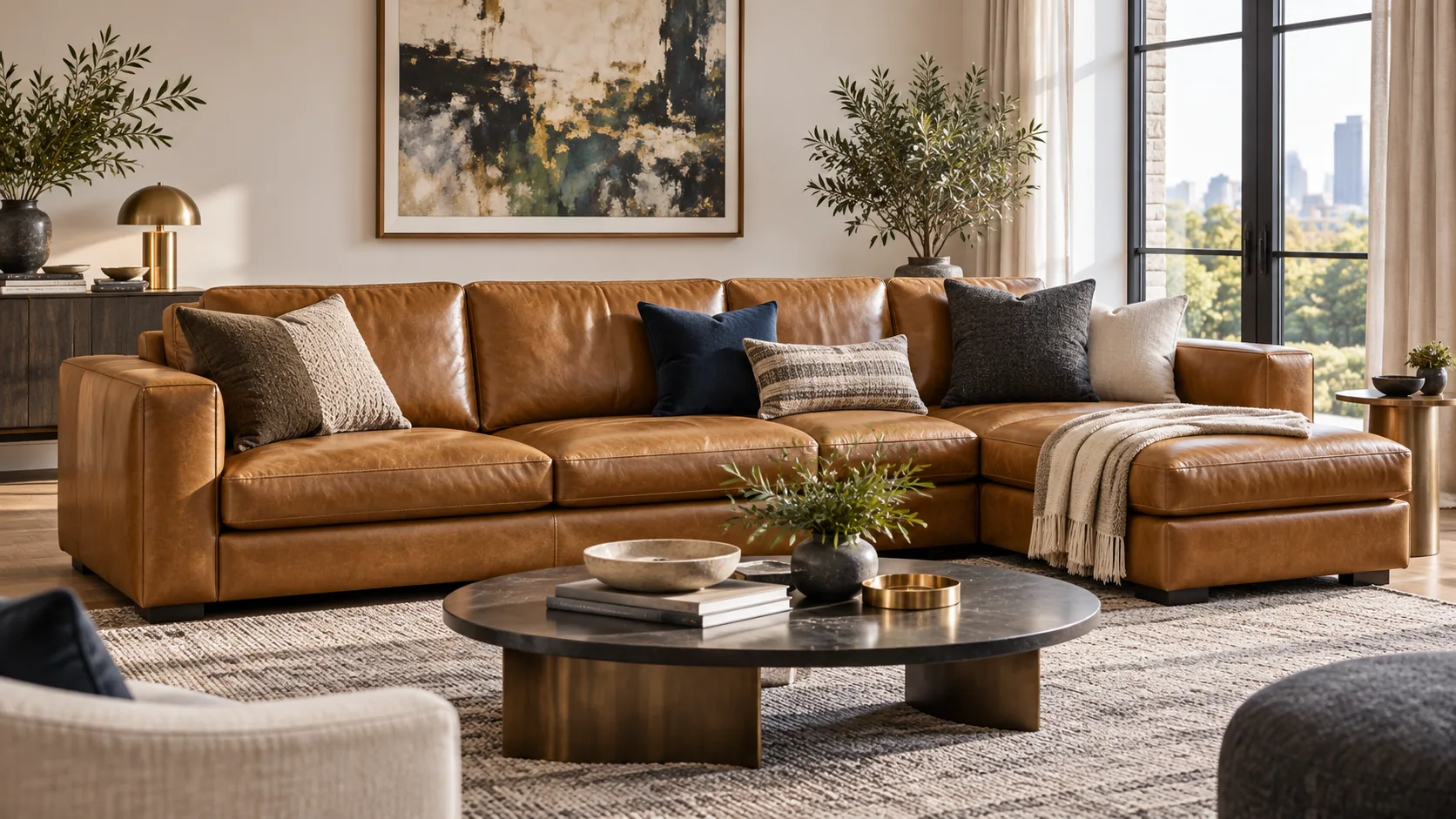 Staged living room with a tan leather sectional ready for photography