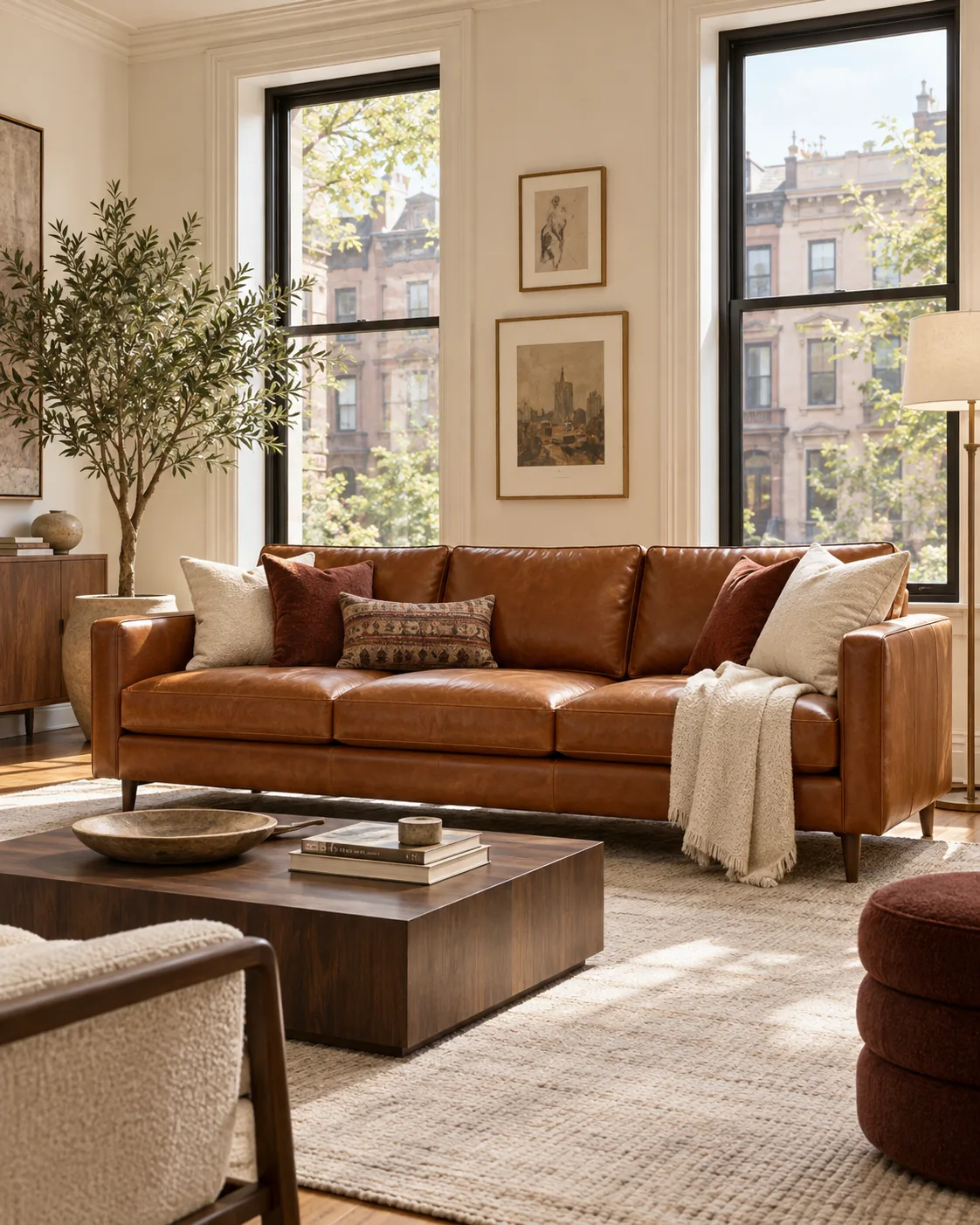 New leather sofa in a townhouse living room
