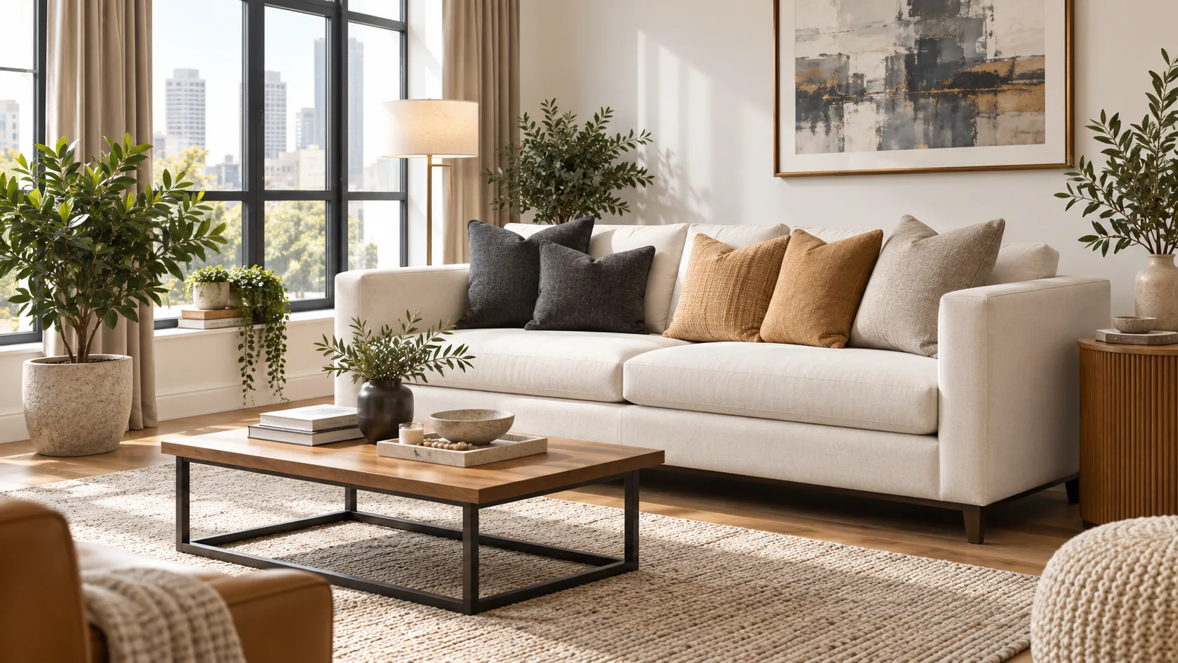 Cream sofa in a staged living room prepared for listing photographs
